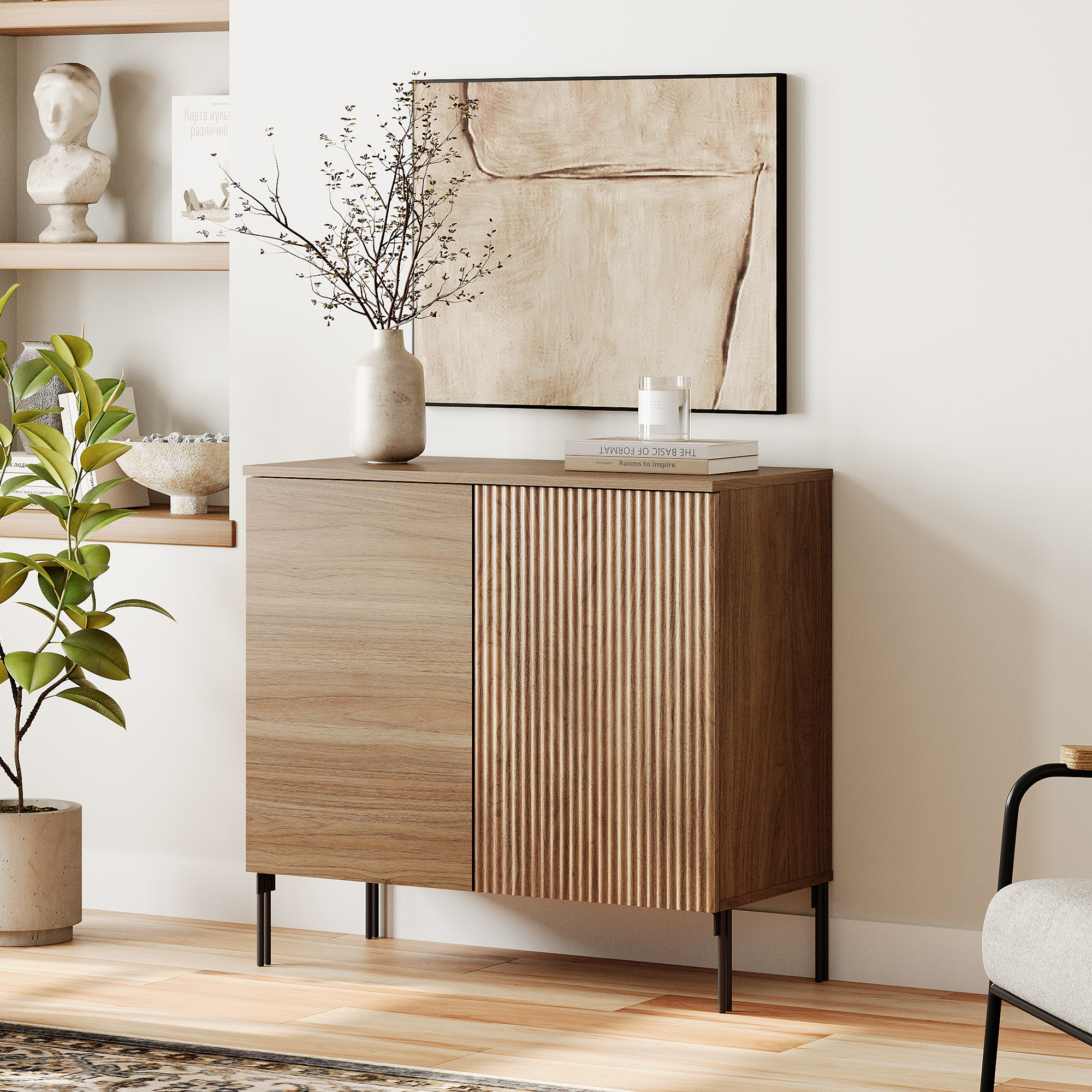 31.5" Reeded Accent Cabinet with Adjustable Shelves, Modern Credenza Storage Cabinet with Doors for Living Room, Kitchen, Dining Room, Hallway