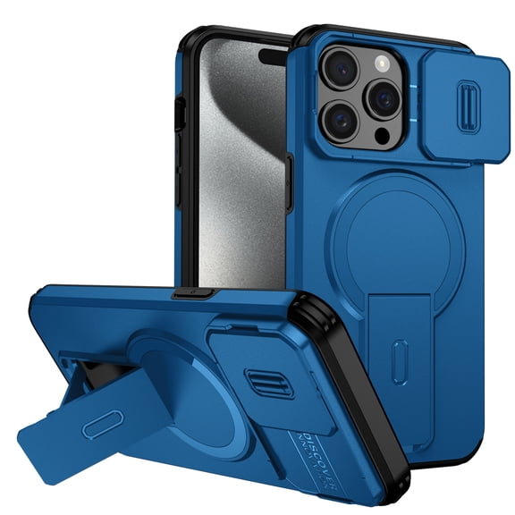 Corliven for iPhone 15 Pro Max Case with Magnetic Wireless Charging, Hidden Kickstand and Sliding Camera Cover, Blue