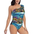 thumbnail image 3 of Gukieu Sea World Print One-shoulder Ruffled One-piece Swimsuit with Removable Chest Pads and Tummy-control Swimsuit for Women-X-Large, 3 of 6