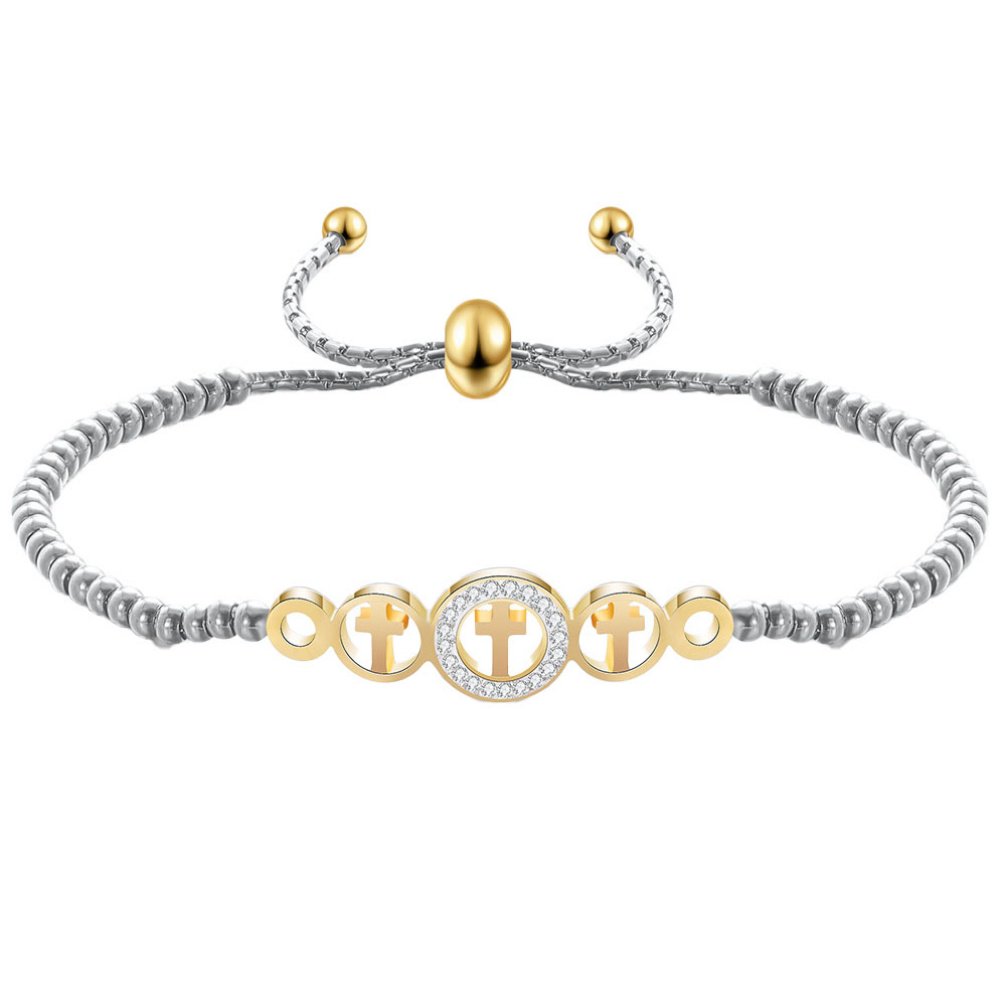 HIRPLIS Cross Bracelet for Women Men Stainless Steel Cubic Zirconia Dianty Adjustable Circle Religious Prayer Faith Statement Personalized Gift Jewelry Gold Plated B