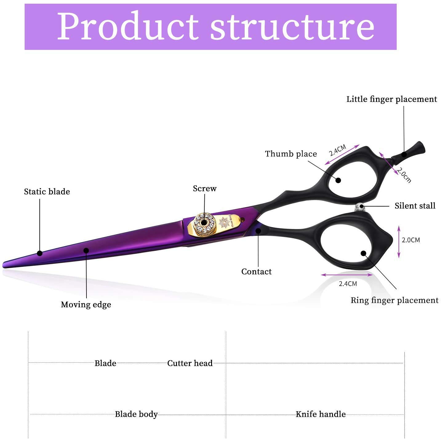Dream Reach 7.0 inches Professional Decompressed Elastic Handle Pet Grooming Scissors Set,Straight & Chunker & 2 Curved Scissors 4pcs Set for Dog Grooming (Purple) (Cutting Scissor) - image 3 of 3
