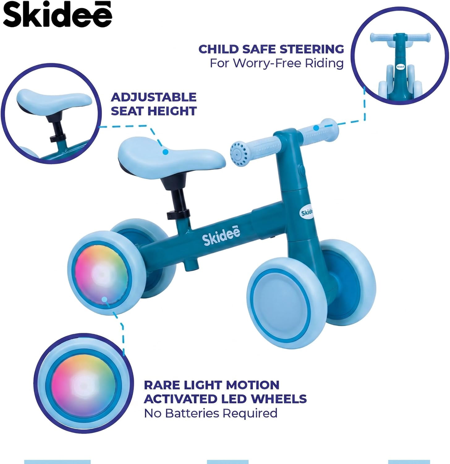 Skidee Toddler Balance Bike 1-3, 4-Wheel Balance Bike with Rare Light-Motion-Activated LED Wheels, Adjustable Height & Child Safe Steering, Lightweight Ride-On Toy Training Bike for Boys & Girls