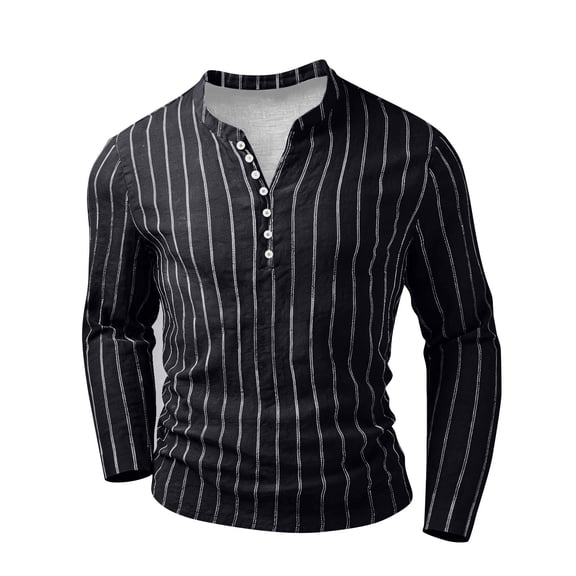 GrmtClth Shirts for Men 2026 Breathable Vertical Striped Top Comfortable Button Tee Fashion Long Sleeve Blouse Henley Black M