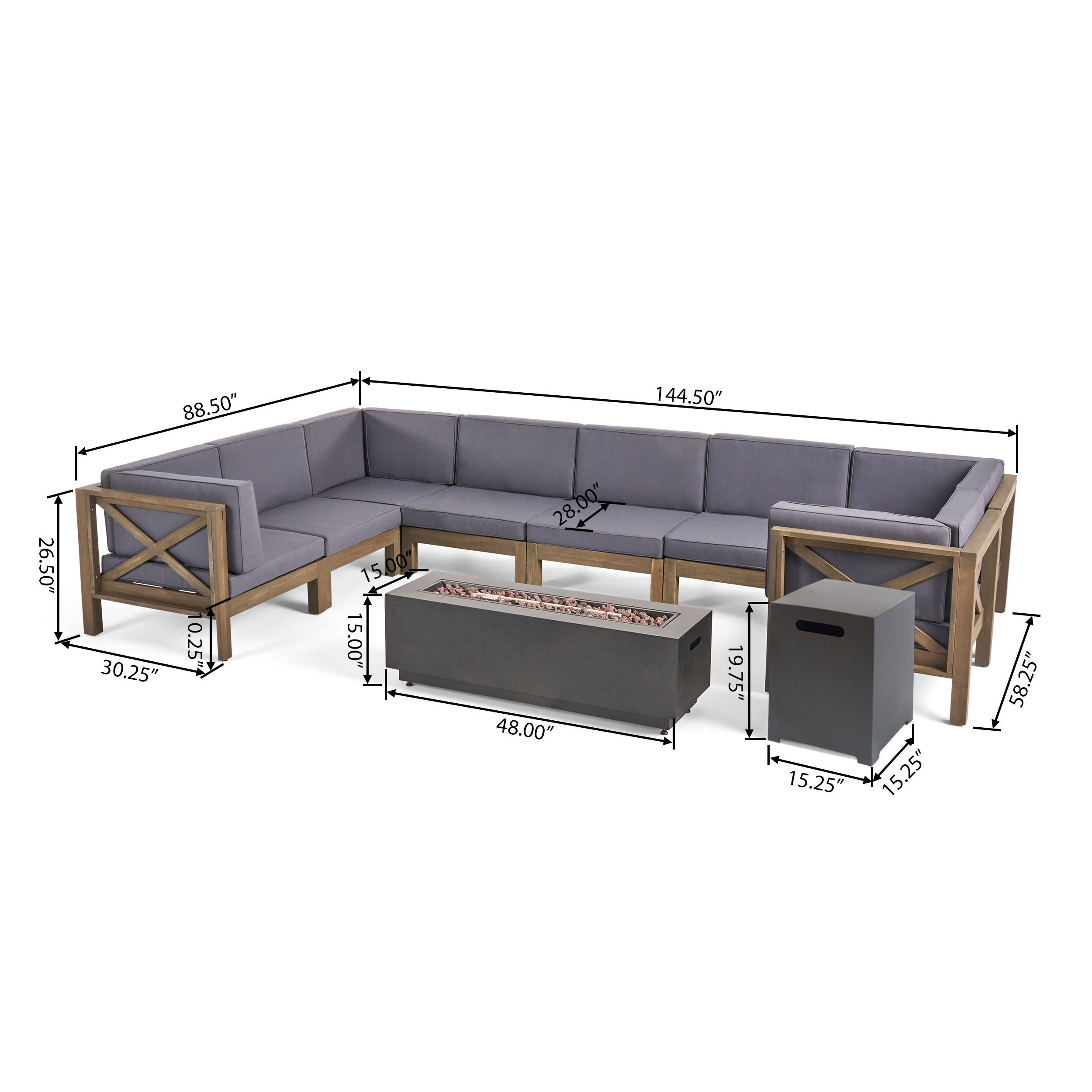 Kobe Outdoor 10 Piece Acacia Wood Sectional Sofa Set with Cushions and Fire Pit, Gray, Dark Gray, Dark Gray