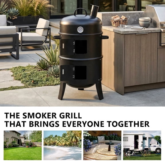 43×52×85 cm Black Cylindrical Outdoor Smoker with Chimney Powder-Coated Iron Vertical BBQ Smoker