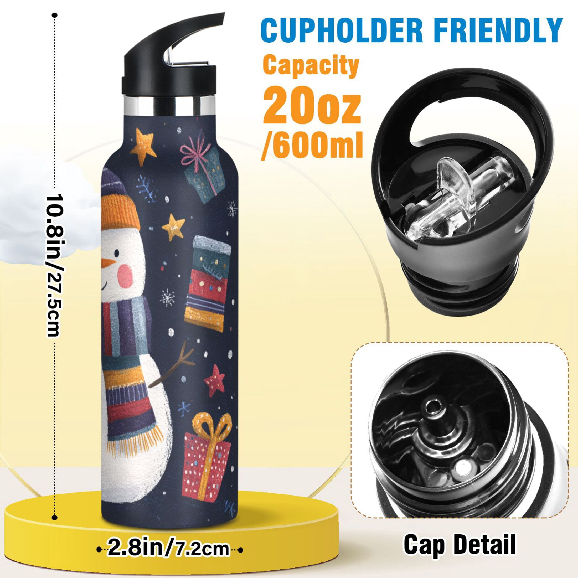 600ML Stainless Steel Insulated Cup Sports Water Bottle Portable Thermos Cup Water Glasses Insulated Tumblers Convenient and Durable Christmas Snowman Beautiful