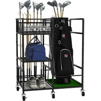 Golf Bag Organizer Rack Golf Club Storage Organizer for Garage Metal Golf Club Holder with Wheels 3 Tier Golf Bag Stand for Club, Balls, Shed and Basement, Black