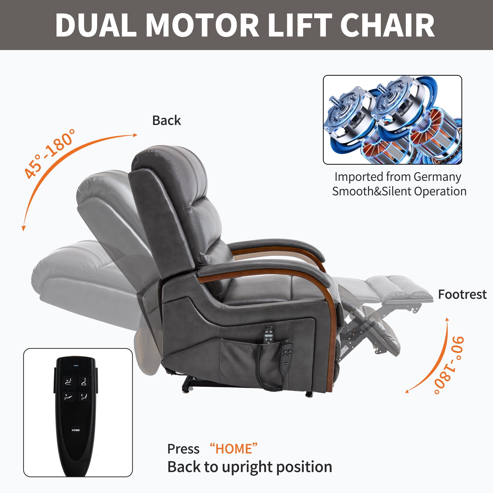 Gewnee Power Lift Recliner Chair with Heat and Massage,Lay Flat Assist Recliner with Side Pocket & Solid Wood Armrest,Lift Chair for Living Room.Grey PU