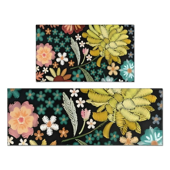 Pioneer Flower Floral Print Pattern Kitchen Rugs Sets Of 2,Anti Fatigue Kitchen Mat Rugs Non Slip Washable,Decorative Kitchen Floor Mats for Kitchen,Sink,Laundry,17"x30" 17"x47"