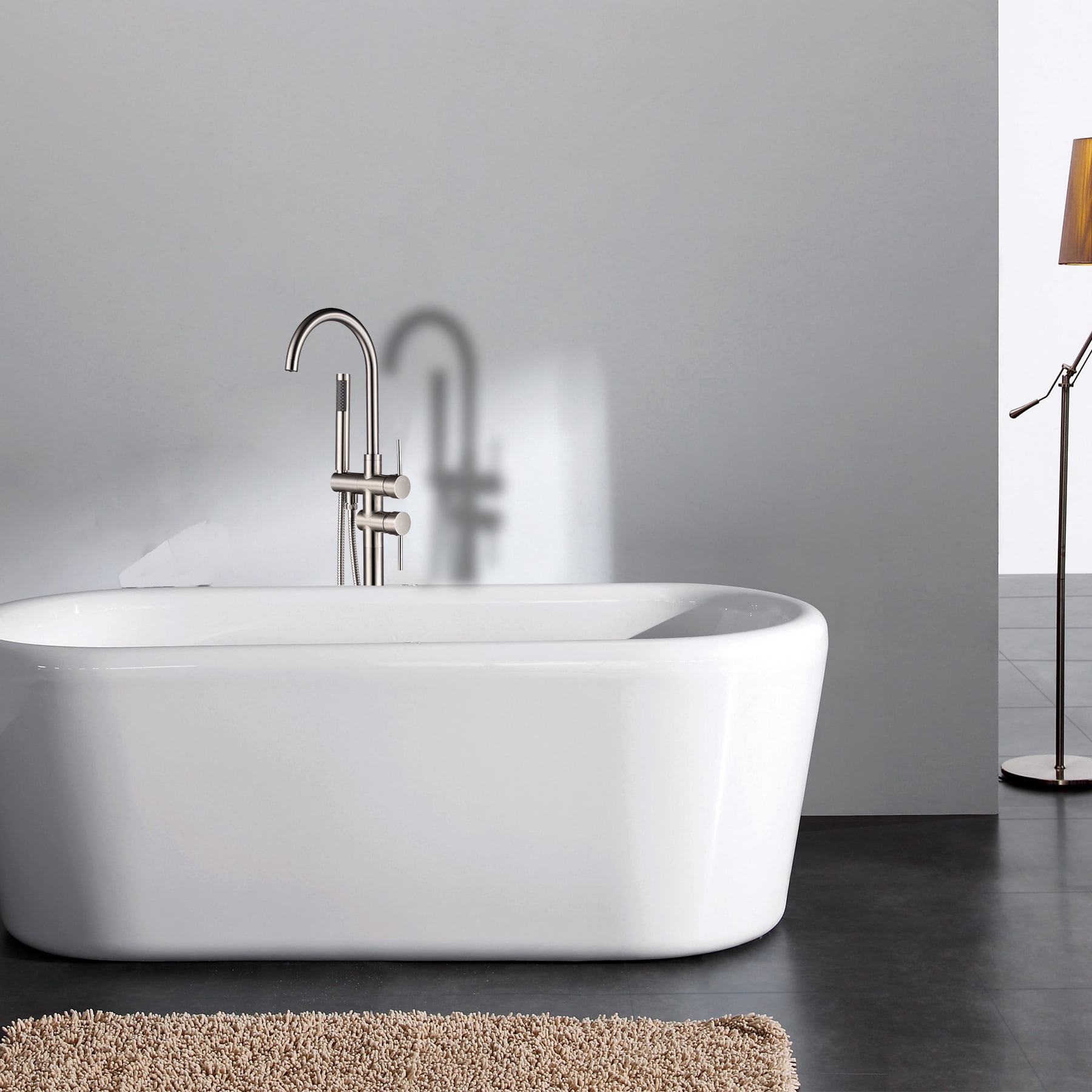 Freestanding Bathtub Faucet Floor Mount Tub Filler Single Handle Stainless Steel Standing Bathtub Tap with Handheld Spray Swivel Right Angle Spout Brushed Nickel