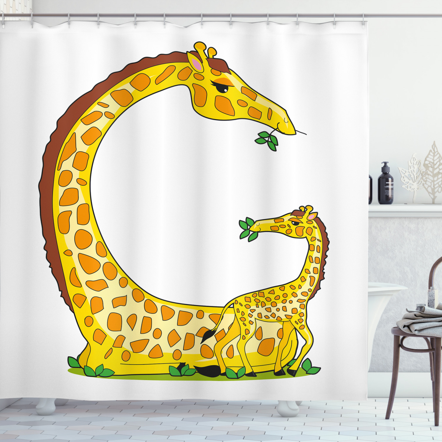 Giraffe Shower Curtain, Baby African Animal Family Eating Taking Care