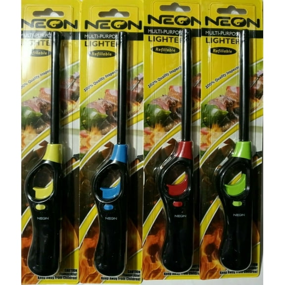 NEON Long Refillable Butane Gas Lighter For Grill BBQ Candle Flame Lot of 4 (Colors May Vary-Child Resistant)