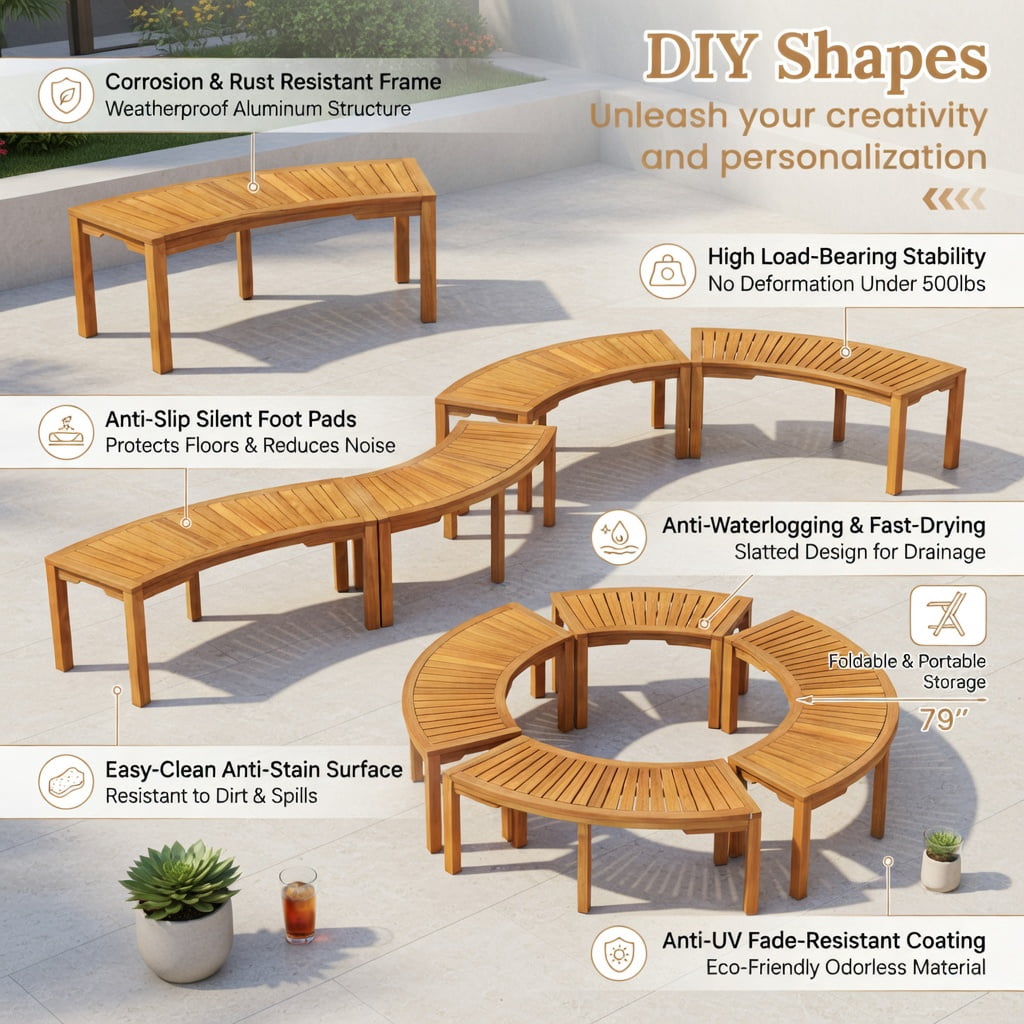 Hommoo Acacia Wood Outdoor Garden Bench, 2-Person Curved Backless Bench for Patio, Deck & Balcony, Natural Finish