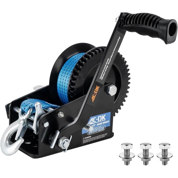 AC-DK 3500lbs Heavy Duty Boat Trailer Winch with 32FT Blue Strap, 2-Way Ratchet & 4:1/8:1 Gear Trailer Winch, Portable Hand Crank Winch.