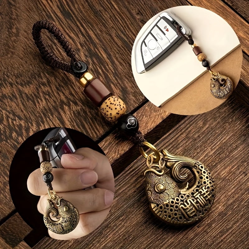 Brass Auspicious Fish Men's Key Ring -Royal Palace Style Pure Copper Car Key Ring, with complex host design S, Car Key Ring Accessories,Fish