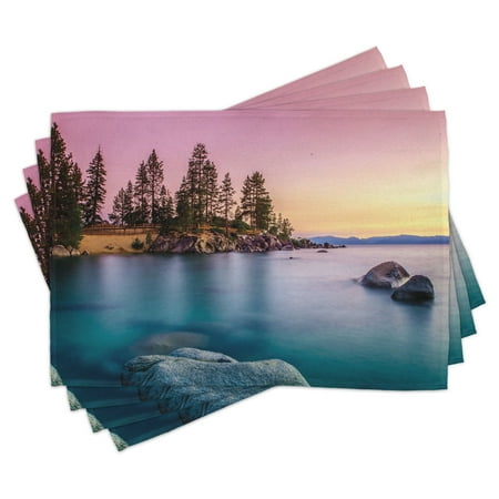 

Lake Placemats Set of 4 Trees on the Alley and Stones in the Lake Motivational Nature Inspired Tranquil Serene Washable Fabric Place Mats for Dining Room Kitchen Table Decor Pink Blue by Ambesonne