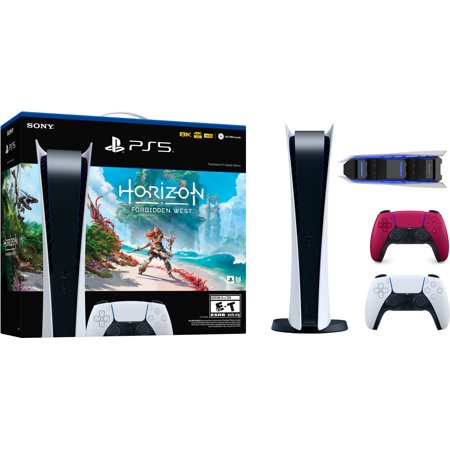 Play-Station-5 Digital Edition Horizon Forbidden West Bundle, Extra Red Wireless Controller with Mazepoly Dual Charger Dock for Controllers