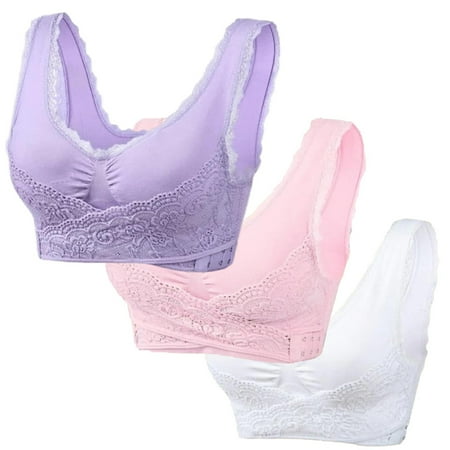 Itsame 3PC Bras for Women s Full Support Everyday Casual Bra Set Breathable Wireless Comfort Bralette Pink Size XL