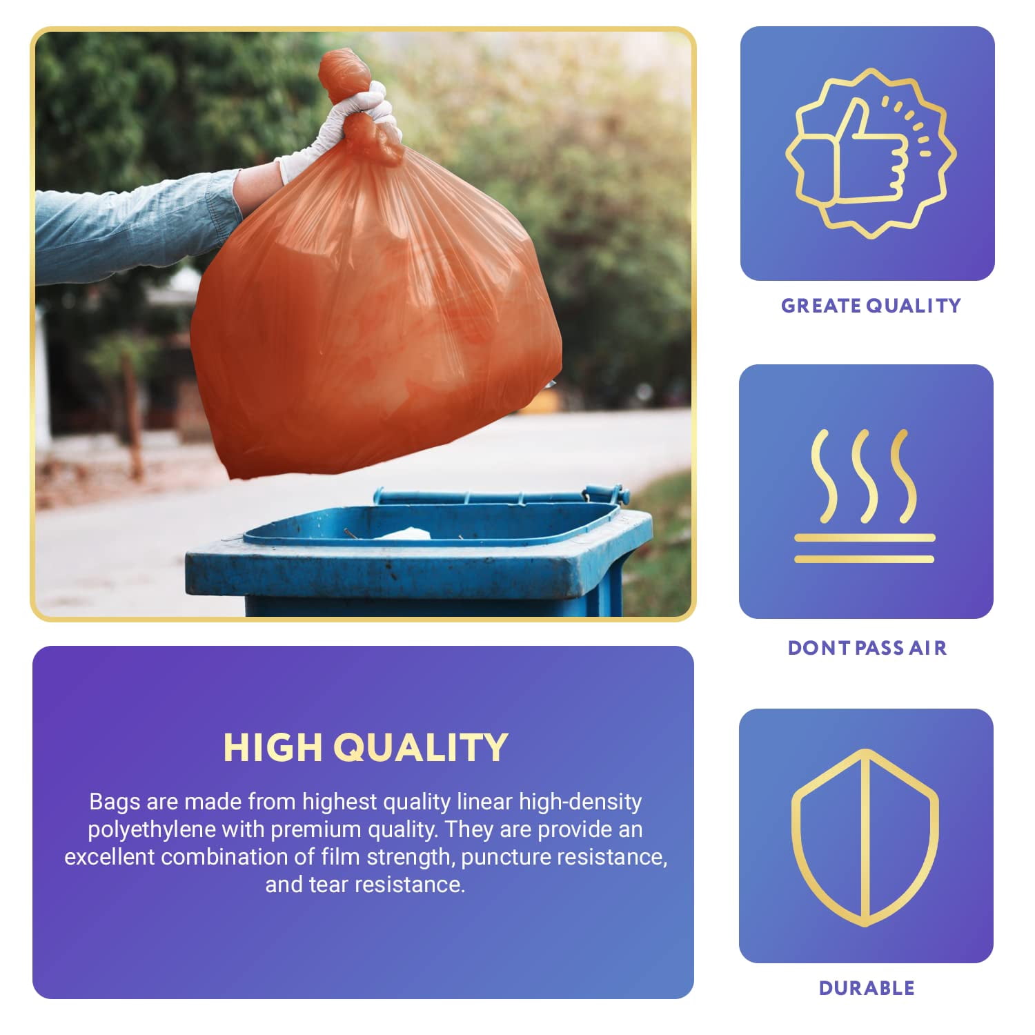 Orange Outdoor Trash Bags, 2 Mil Leakproof Polyethylene, 100 Count, 56 Gallon