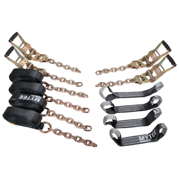 8 Point Roll Back Vehicle Tie Down Kit with Chain Extension on Both Ends - 14 FT Straps, Ratchet Handles - WLL 4000 LB - Tow Truck Straps Car Hauler Tie Down System - Black