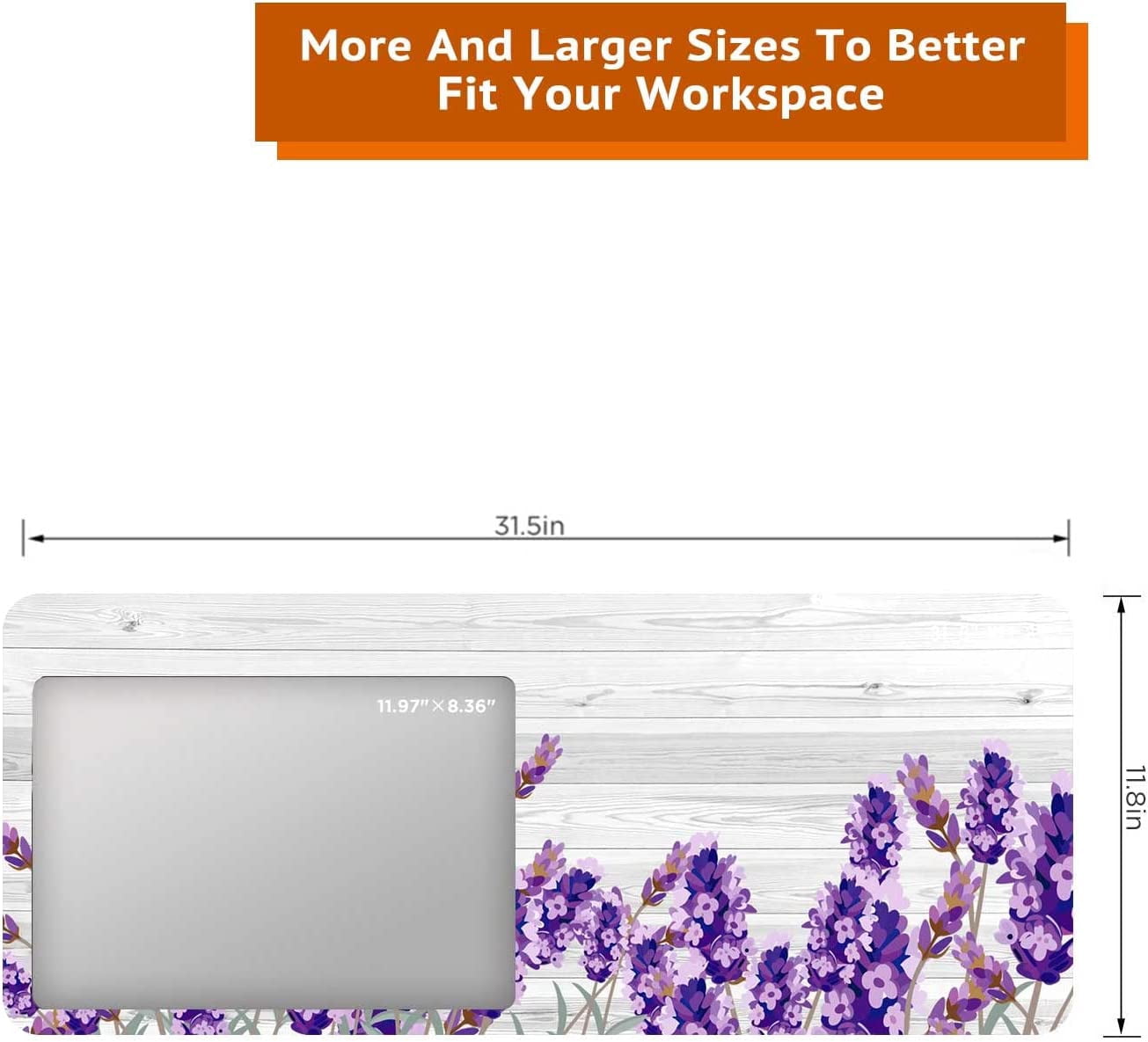 Mouse Pad Purple Floral Design Large Computer Mousepad for Office Desk, White Wood Pattern Gaming Mouse Mat Non-Slip Nature Rubber Desk Decor Long Pad for Wireless Mouse Laptop 31.5x11.8 Inch BDZZSE10