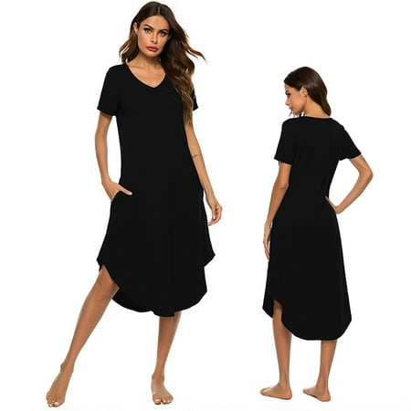 

Womens Summer Short Sleeves Dress Plain Solid Color Casual Loose Dress