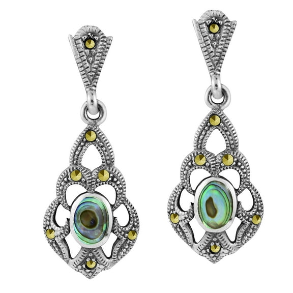 AeraVida Vintage Fashion Abalone Shell Marcasite and Sterling Silver Dangle Earrings