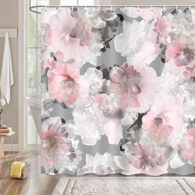 Pink Floral Shower Curtain,Grey White Peony Flower Blossom Shower
