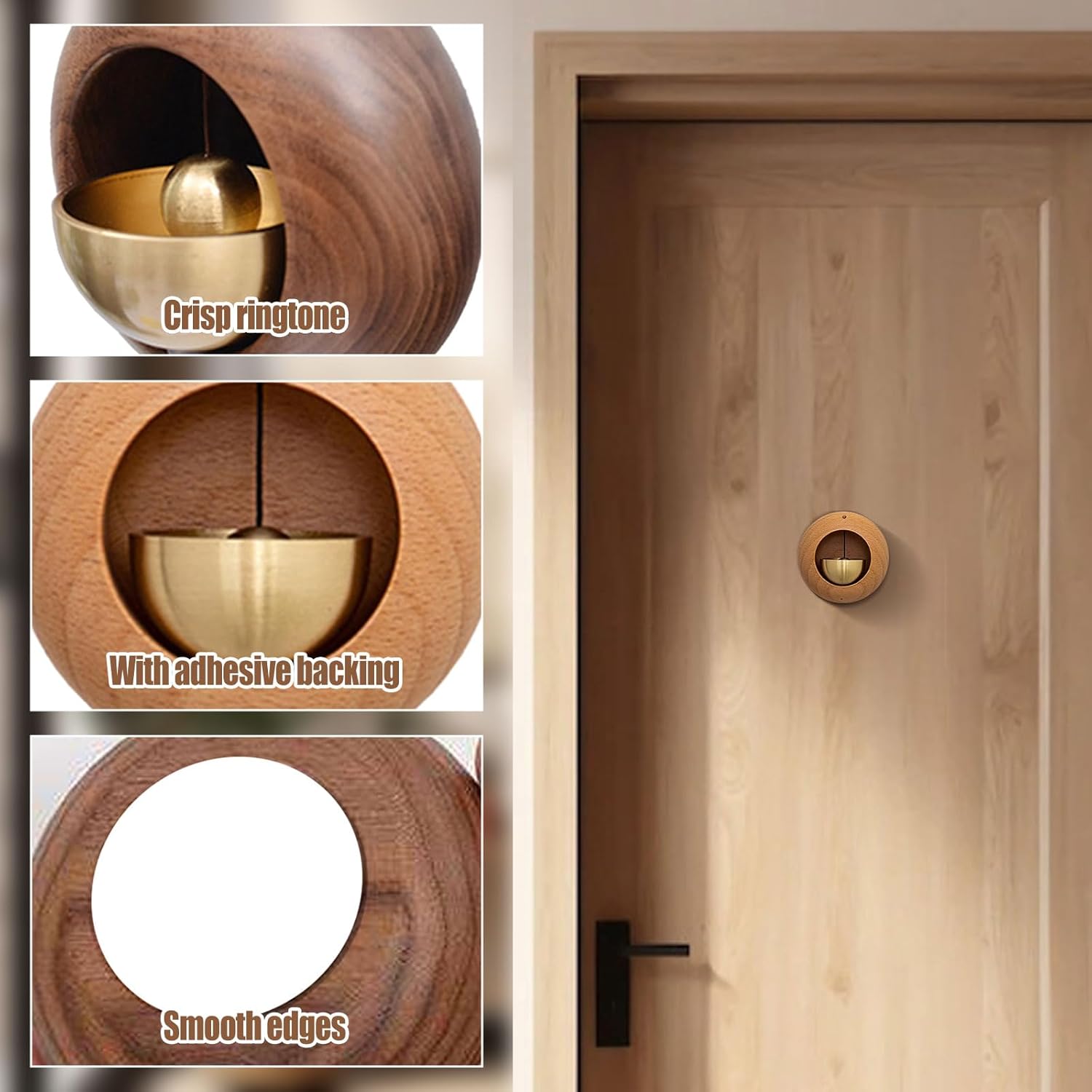 ABPETE shopkeepers bell,2PCS Self-Adhesive Wood Doorbell Chime Shopkeepers Bell with Brass Bell Attached for Door Wall Store Wardrobe Decor (Black Walnut & Golden Teak)