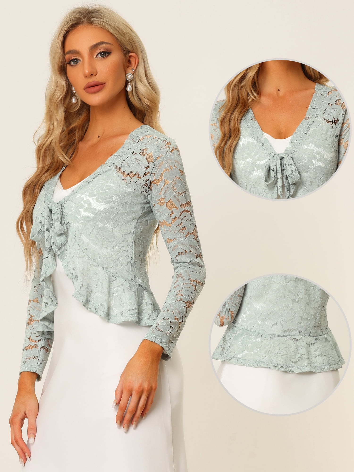 DARING DIVA Women's Ruffled Hem Floral Lace Crop Shrug Cardigan XL Grey