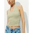 thumbnail image 3 of Opperiaya Women's Summer Knit Cami Tops Solid Color V Neck Backless Halter Neck Ribbed Crop Tops, 3 of 6