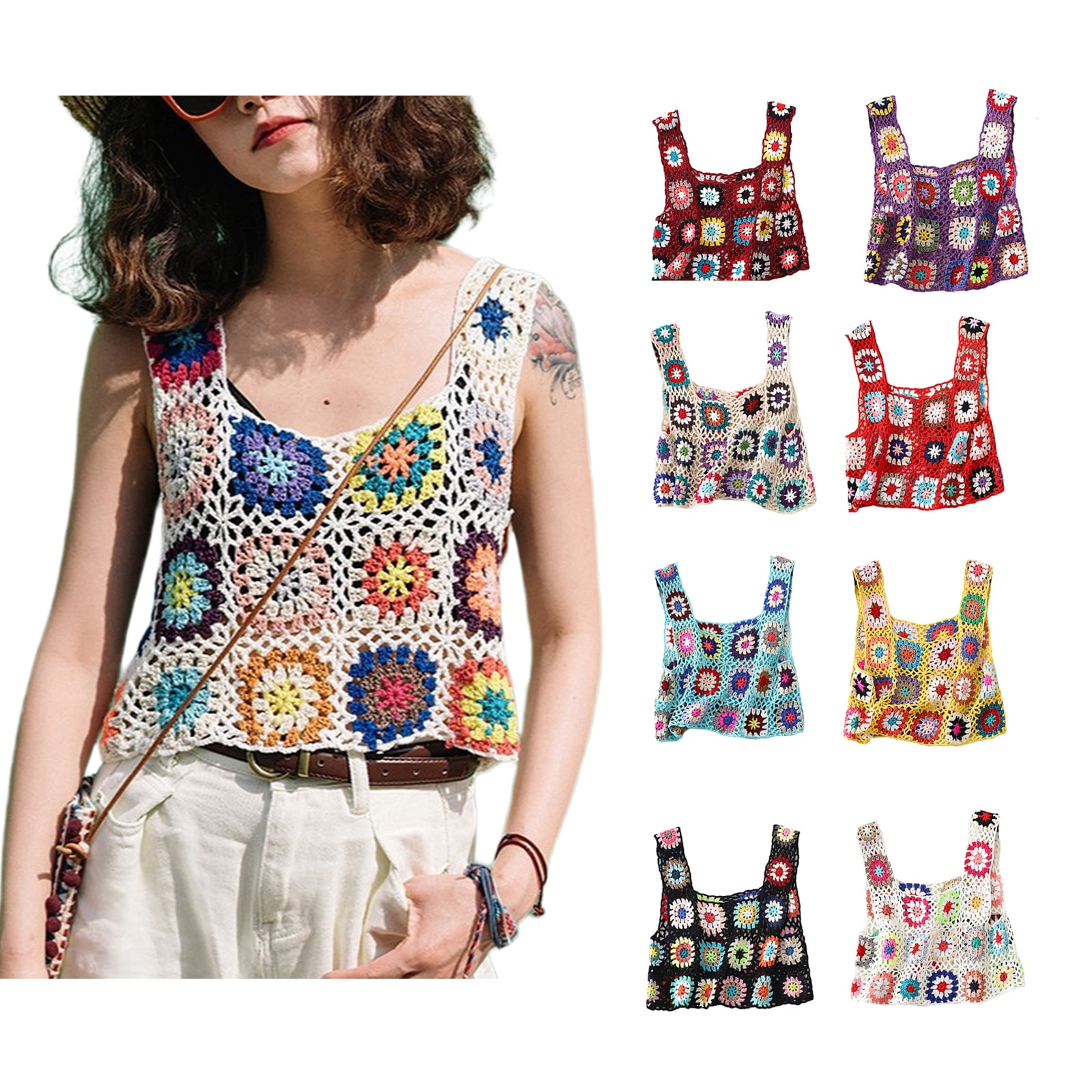 Women's Summer Crochet Tank Top Colorful Floral Embroidery Knit Vest Tops Boho Camisole