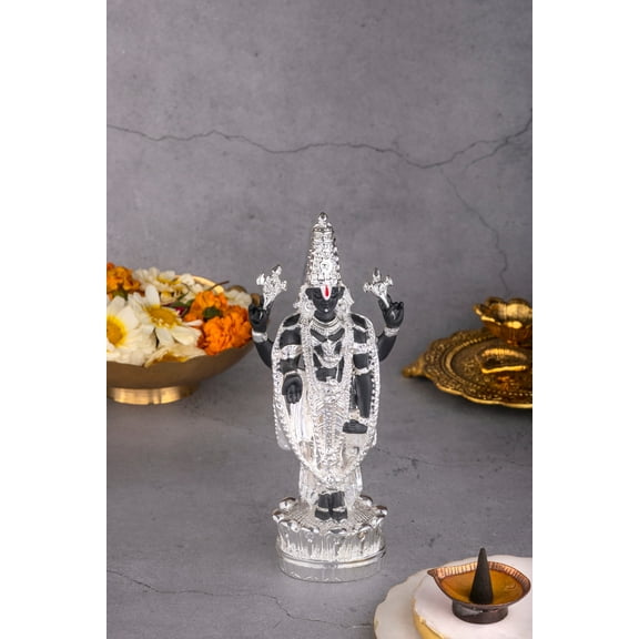 Lord Balaji Standing on A Lotus Pedestal Idol in Black & Silver - 8 Inches