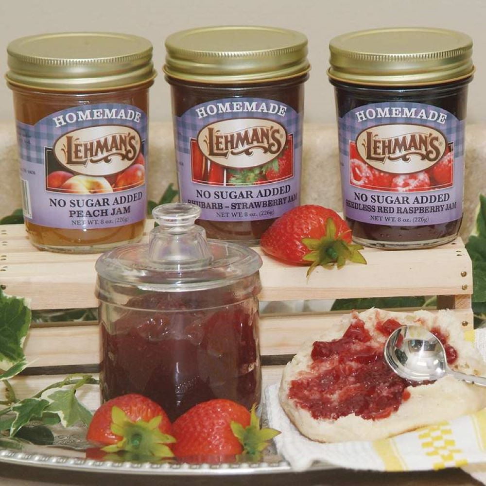 Lehman's Homemade Jam Sampler Gift Box, Red Raspberry, Peach and Strawberry-Rhubarb,No Sugar Added, 8 oz Jars
