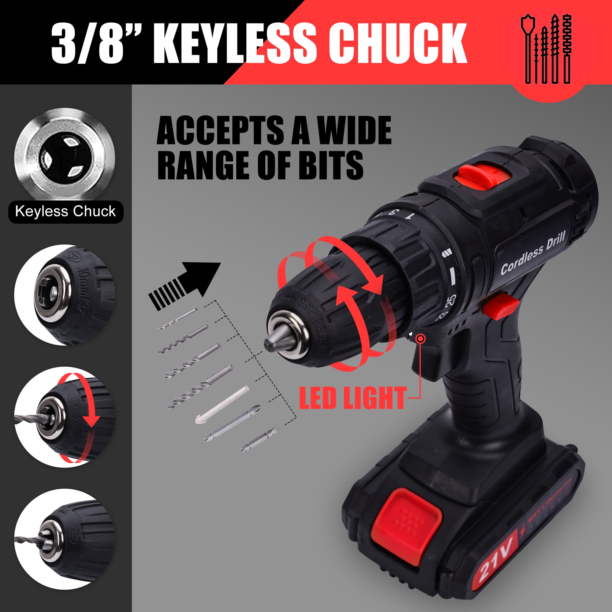 HDJ 21V Max Cordless Drill with 2 Batteries, 3/8" Electric Drill Drivers Set Variable Speed ,Black