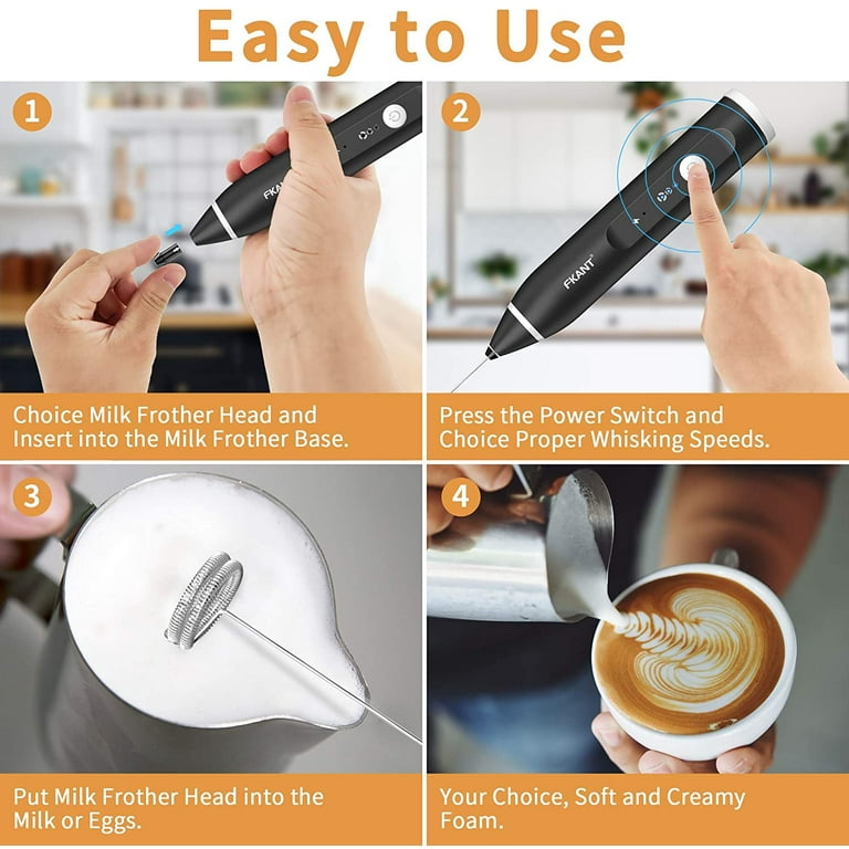 Rechargeable Milk Frother for Coffee with Stand, Handheld Drink Mixer with  3 Hea