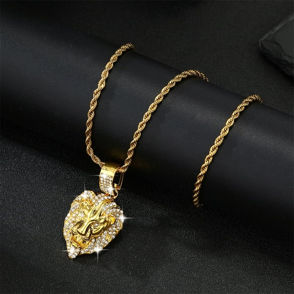 Hip Hop 14K Yellow Gold Iced Out Micro Pave Cubic Zircon Lion Head Pendant Necklace Charm For Men Jewelry Gifts