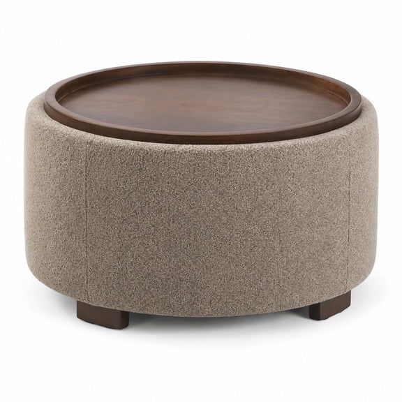 Round Storage Ottoman 30 Inch, Boucle Upholstered Coffee Table Ottoman with Removable Lid, Modern Storage Ottoman for Living Room, Bedroom, Apartment, Brown