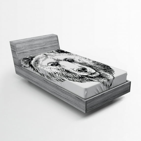 Ambesonne Animal Fitted Sheet, Grizzly Bear Ink Sketch, Twin XL Size, Black White