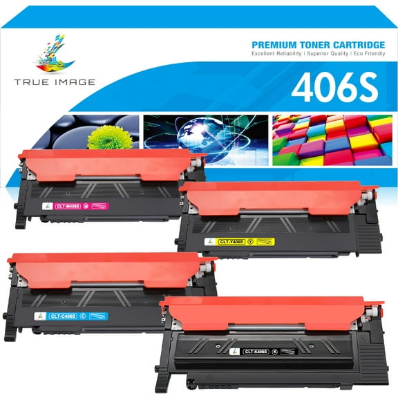 True Image 4-Pack Compatible Toner Cartridge for Samsung CLT-Y406S 406S Work with CLP-360 CLX-3300 CLX-3305FW CLX-3306W CLX-3306FN Xpress C460W C410W (Black,Cyan,Magenta,Yellow)