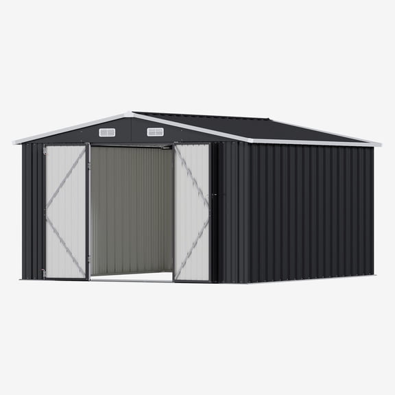 YardCache 10x12FT Outdoor Metal Storage Shed, Black Galvanized Steel Utility Tool Shed with Double Doors, Sloped Roof & Ventilation Windows for Backyard Garden Patio