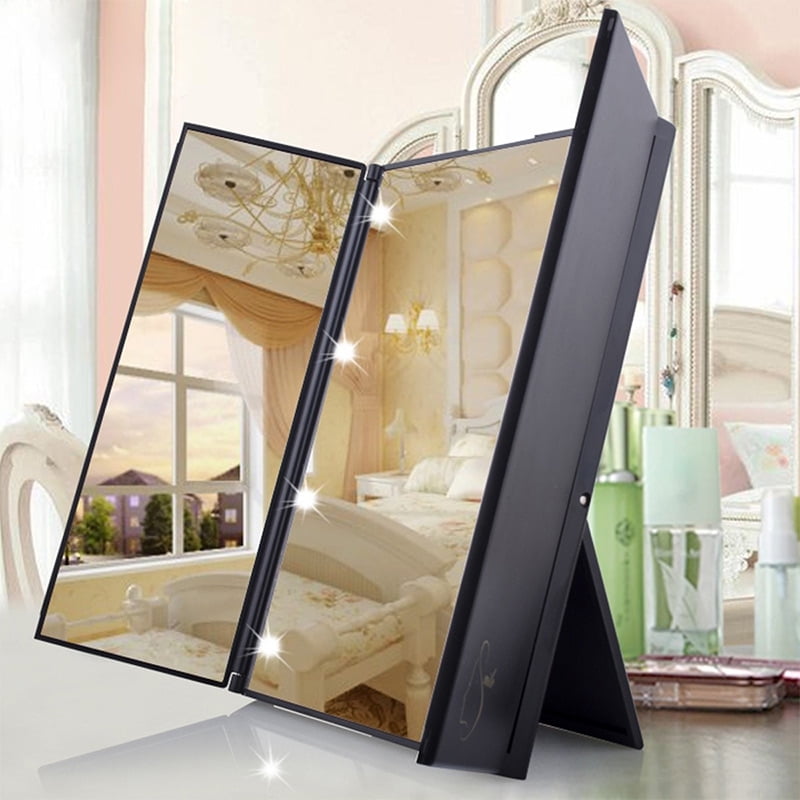 lzndeal Tri-Fold Makeup Mirror with Led Light Portable Travel Compact Pocket Mirrors Travel Fold Cosmetic Mirror