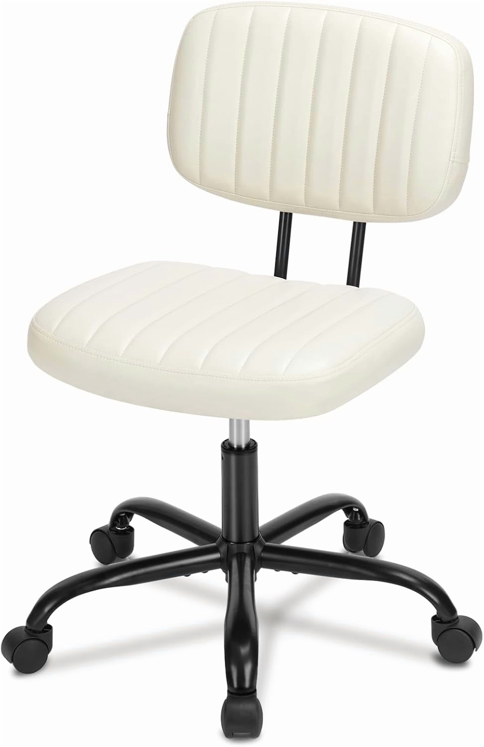 ENYLAY Small Armless Home Office Desk Chair, Ergonomic Cute Chair PU Leather with Adjustable Swivel Rolling Comfy Task Study Chair with Lumbar Support for Adult and Student, Bedroom (Beige White)