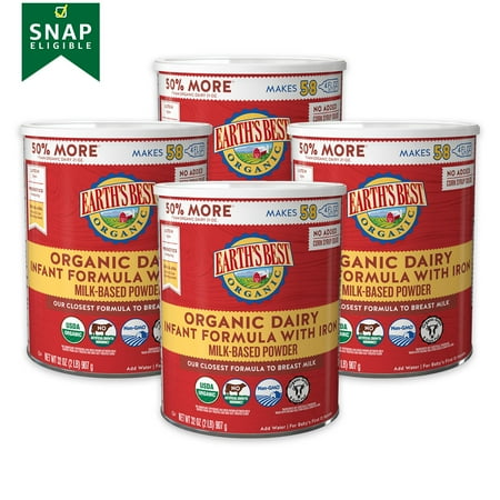 Earth's Best Dairy Organic Powder Baby Formula with Iron, 32 oz Canister (4 Pack)