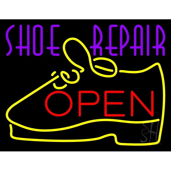 Purple Shoe Repair Open LED Neon Sign 24 x 31 - inches, Black Square Cut Acrylic Backing, with Dimmer - Bright and Premium built indoor LED Neon Sign for store interior Décor, Storefront.