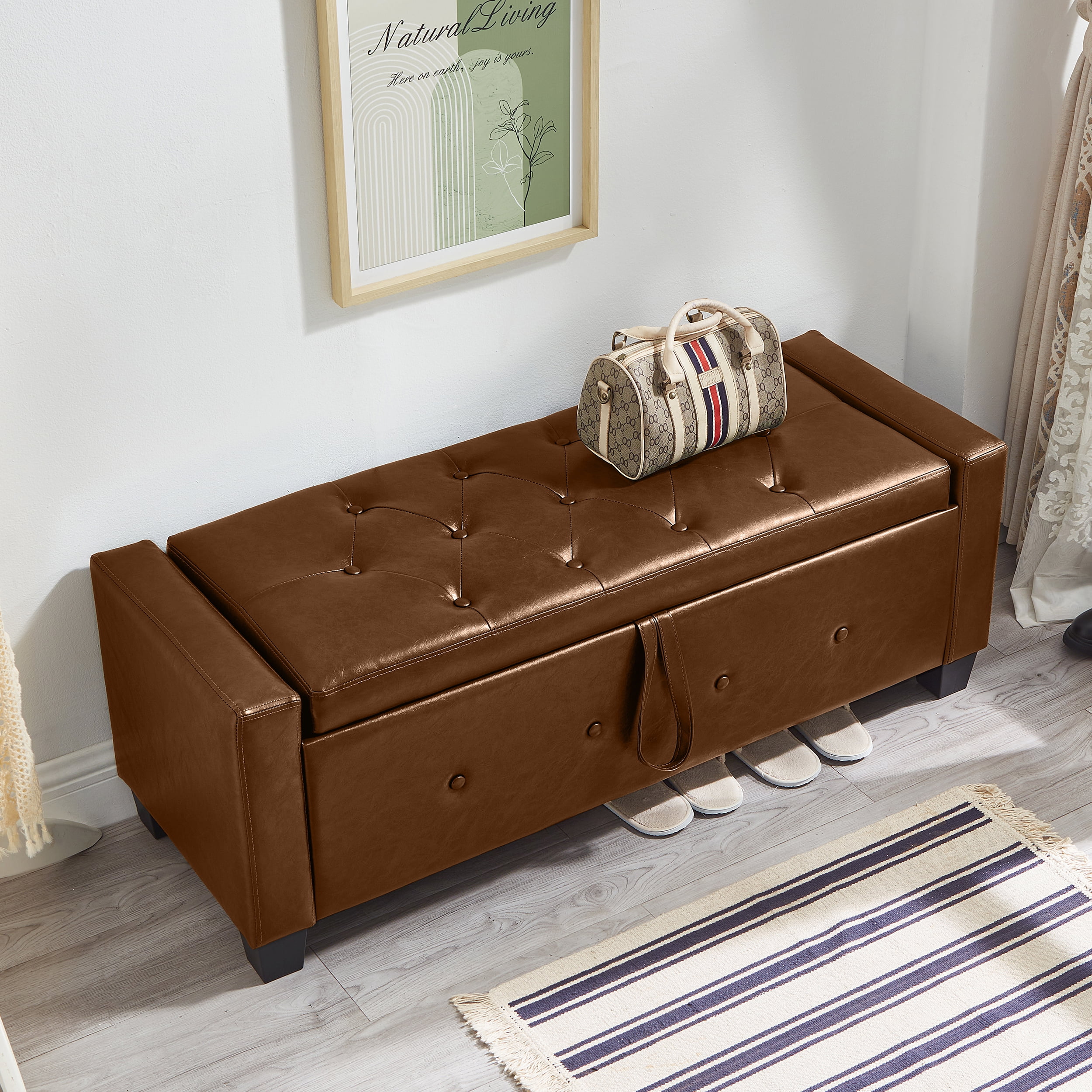Faux Leather (PU) Storage Ottoman Bench, Features Tufted Upholstery and a Lift-Top for Spacious Hidden Storage, Multi-Purpose Bench for Any Room, Brown (48"L x 18.1"W)