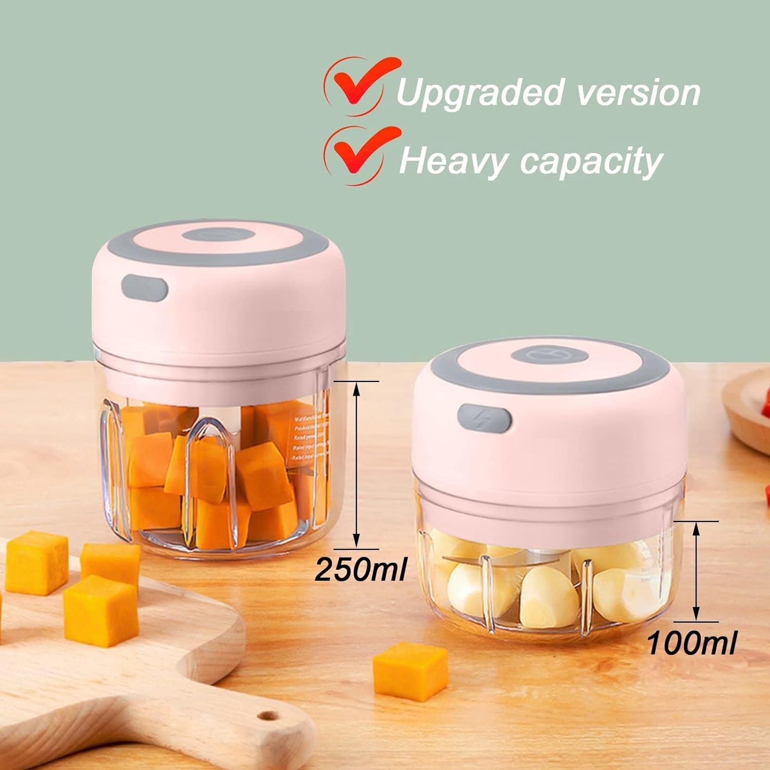 Woveruco 250ML Electric Garlic Chopper,Mini Portable Veggie Chopper, Garlic Grinder Masher Onion Chopper,Blender to Vegetable, Wireless Food Processor for Ginger, Chili, Fruit, Meat, etc-250ml Pink