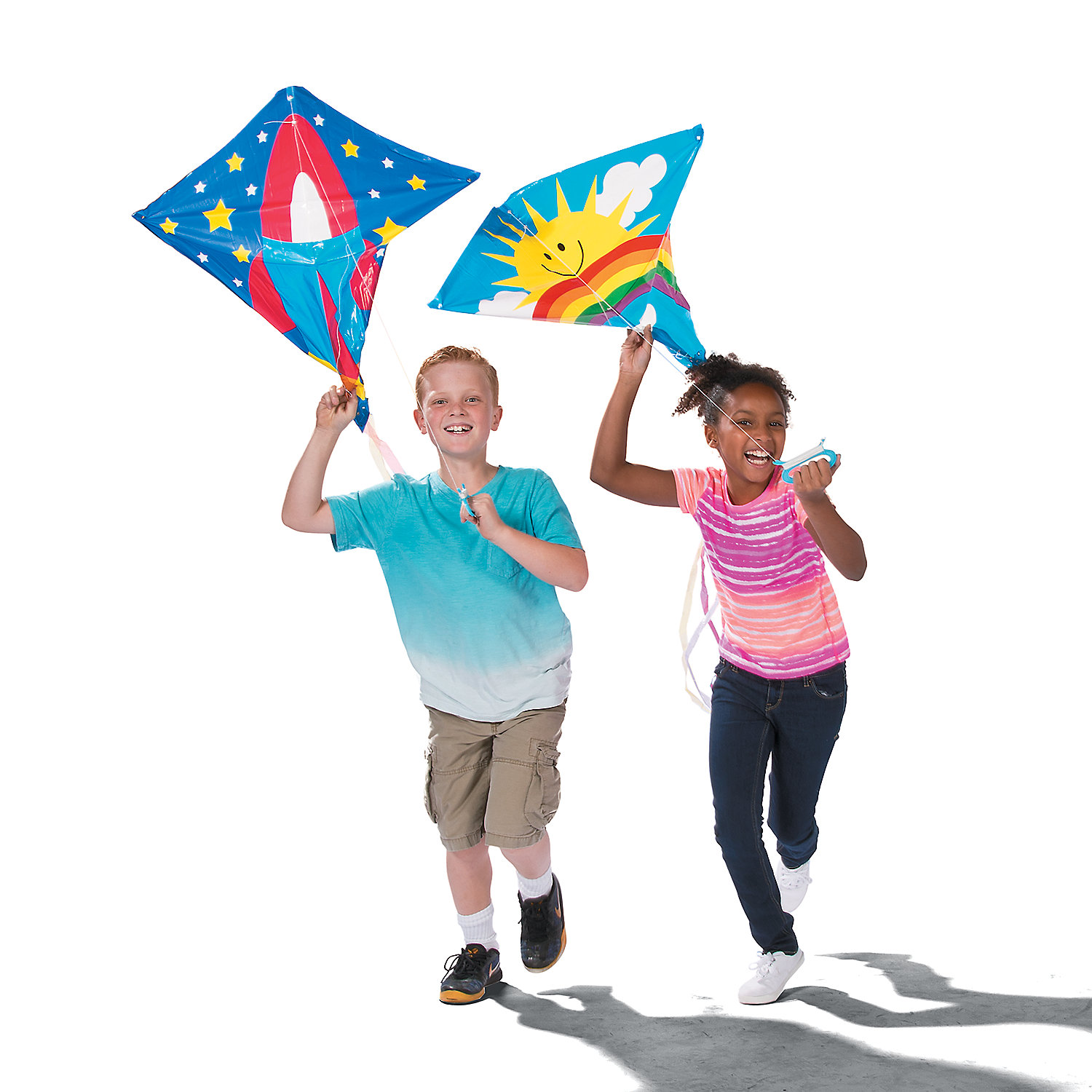 Assorted Flying Kite Pack by Fun Express, 28 x 28 with 54 in Tails, Assorted Styles and Colors, 200 feet of String with Handle, 12 Pieces