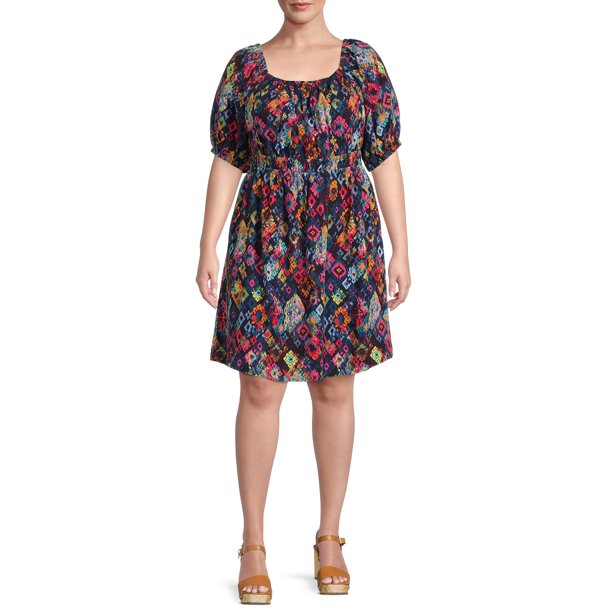 Terra & Sky Women's Plus Size Puff Sleeve Dress with Tie Back - Walmart.com
