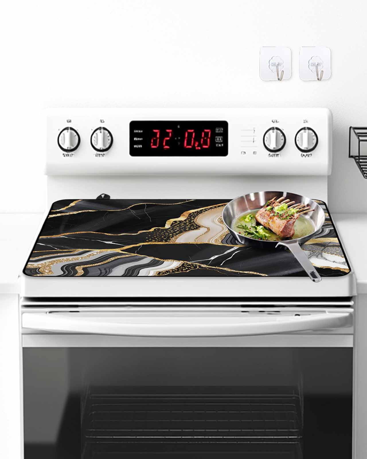 Stove Top Covers for Electric Stove, Black Marble Glass Stovetop Cover Protector, Grey Gold Texture Vintage Farmhouse Art Induction Cooktop Protector Oven Mat for Kitchen Countertop 24"x21"